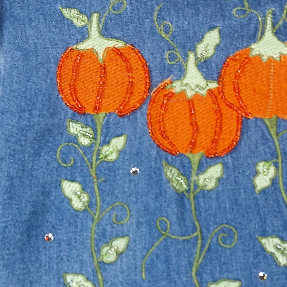 Sz Lg The Quacker Factory Women's Denim Long Sleeve Shirt Pumpkin Fall Embroider